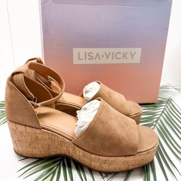 Lisa Vicky Shoes Womens Size 9 Cognac Kid Suede Platform Wedge Sandals LAUD-V - Picture 12 of 12